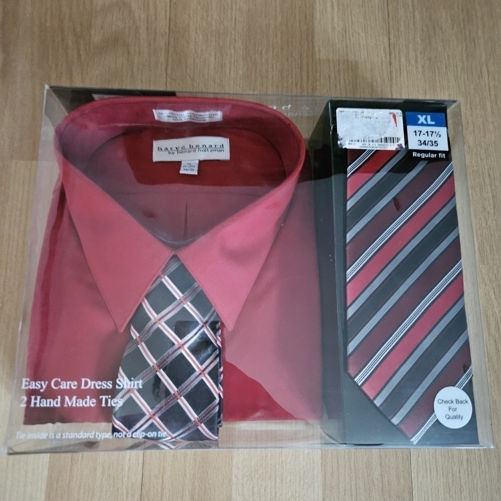 NWT Harve Bernard red Dress Shirt with 2  Hand Made Ties size XL  17 - 17.5